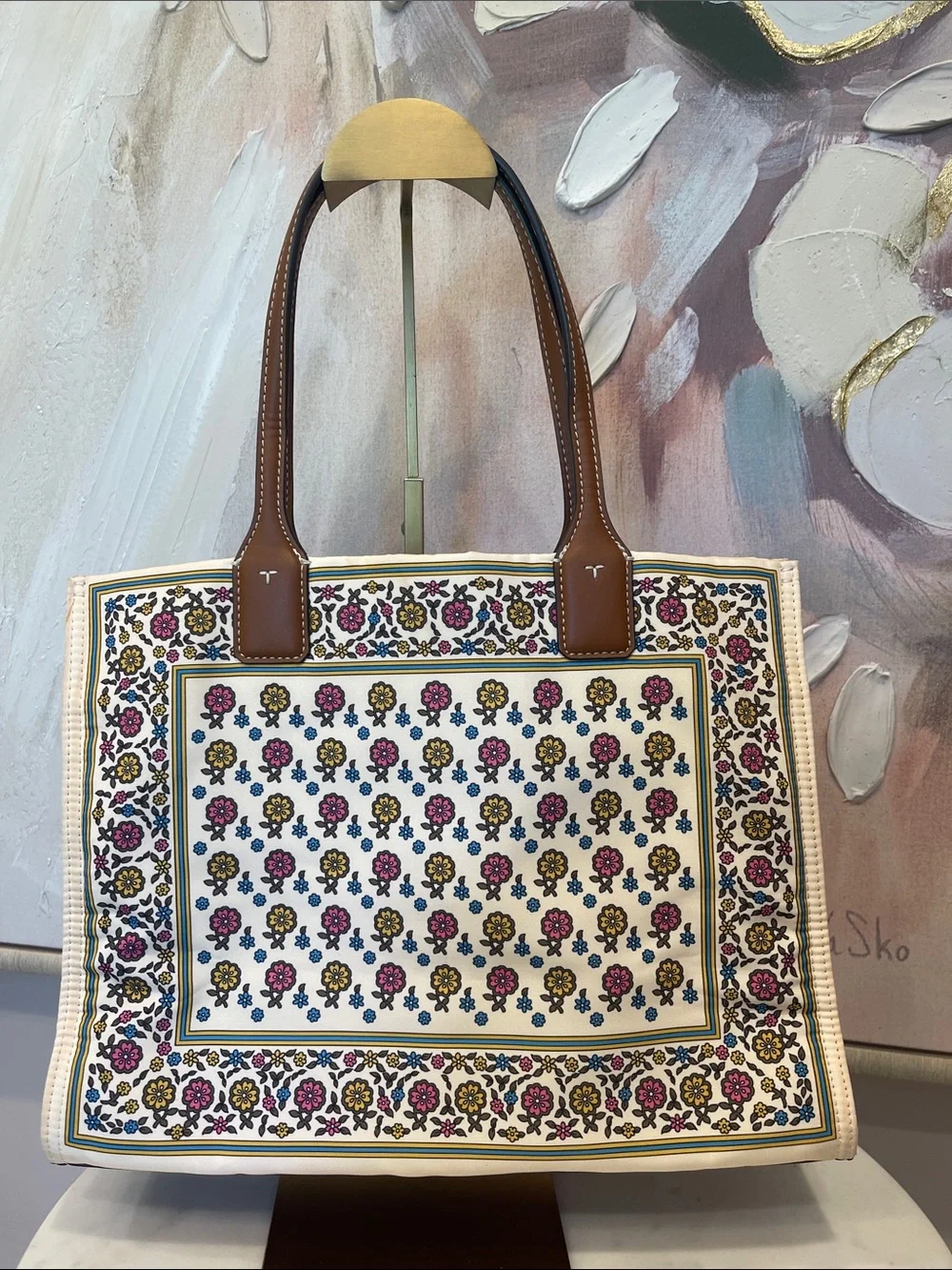 NWOT Tory Burch Ella Floral Canvas Tote with Brown Leather Logo and Handles